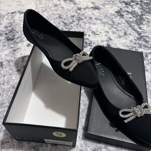 Pointed Black Satin Flats with Crystal Bow Accent